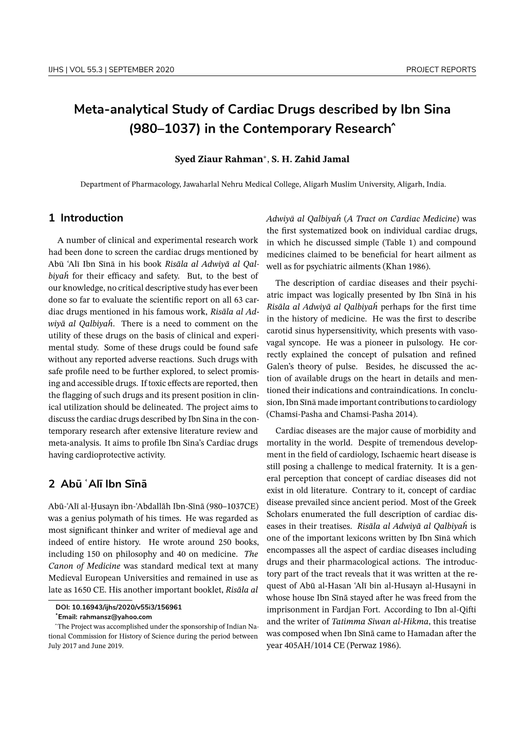 Meta-Analytical Study of Cardiac Drugs Described by Ibn Sina (980–1037) in the Contemporary Research ̂