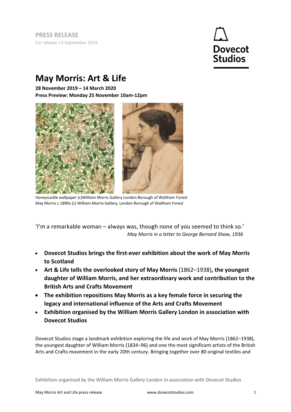 May Morris: Art & Life 28 November 2019 – 14 March 2020 Press Preview: Monday 25 November 10Am-12Pm