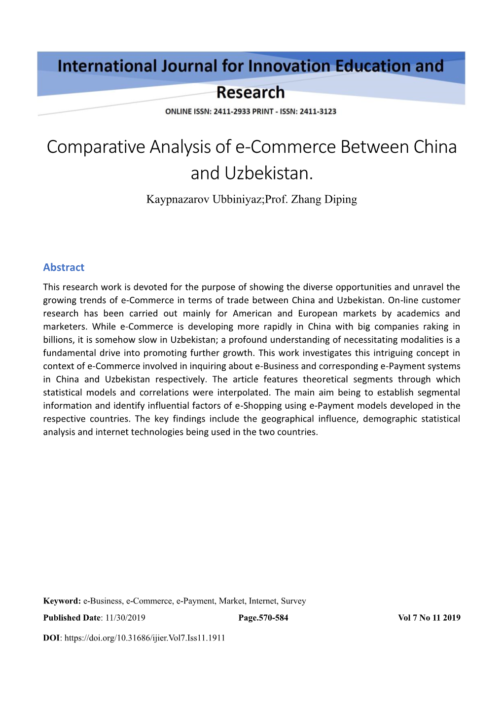 Comparative Analysis of E-Commerce Between China and Uzbekistan