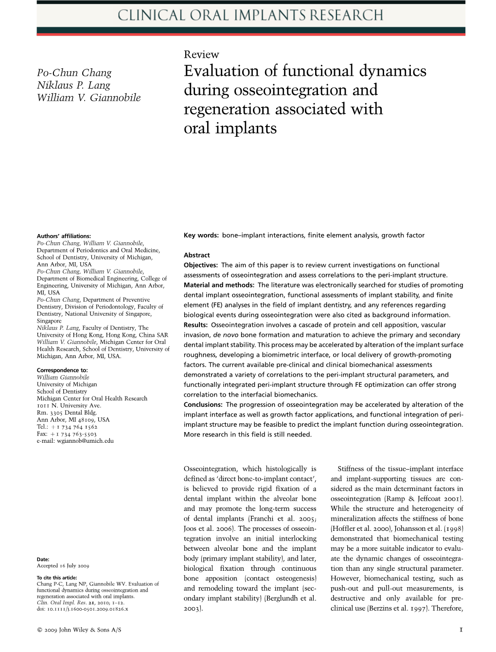 Evaluation of Functional Dynamics During Osseointegration And