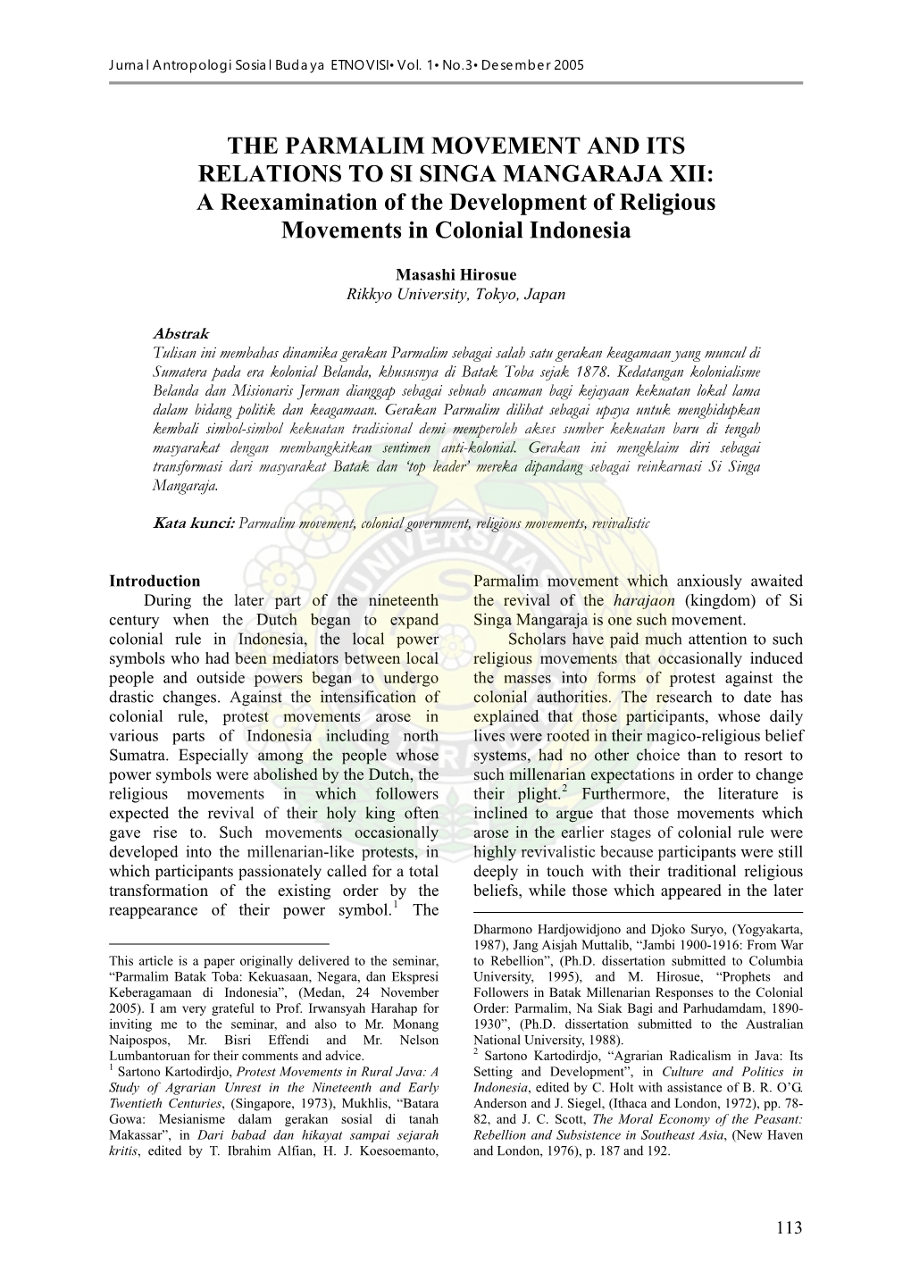 THE PARMALIM MOVEMENT and ITS RELATIONS to SI SINGA MANGARAJA XII: a Reexamination of the Development of Religious Movements in Colonial Indonesia