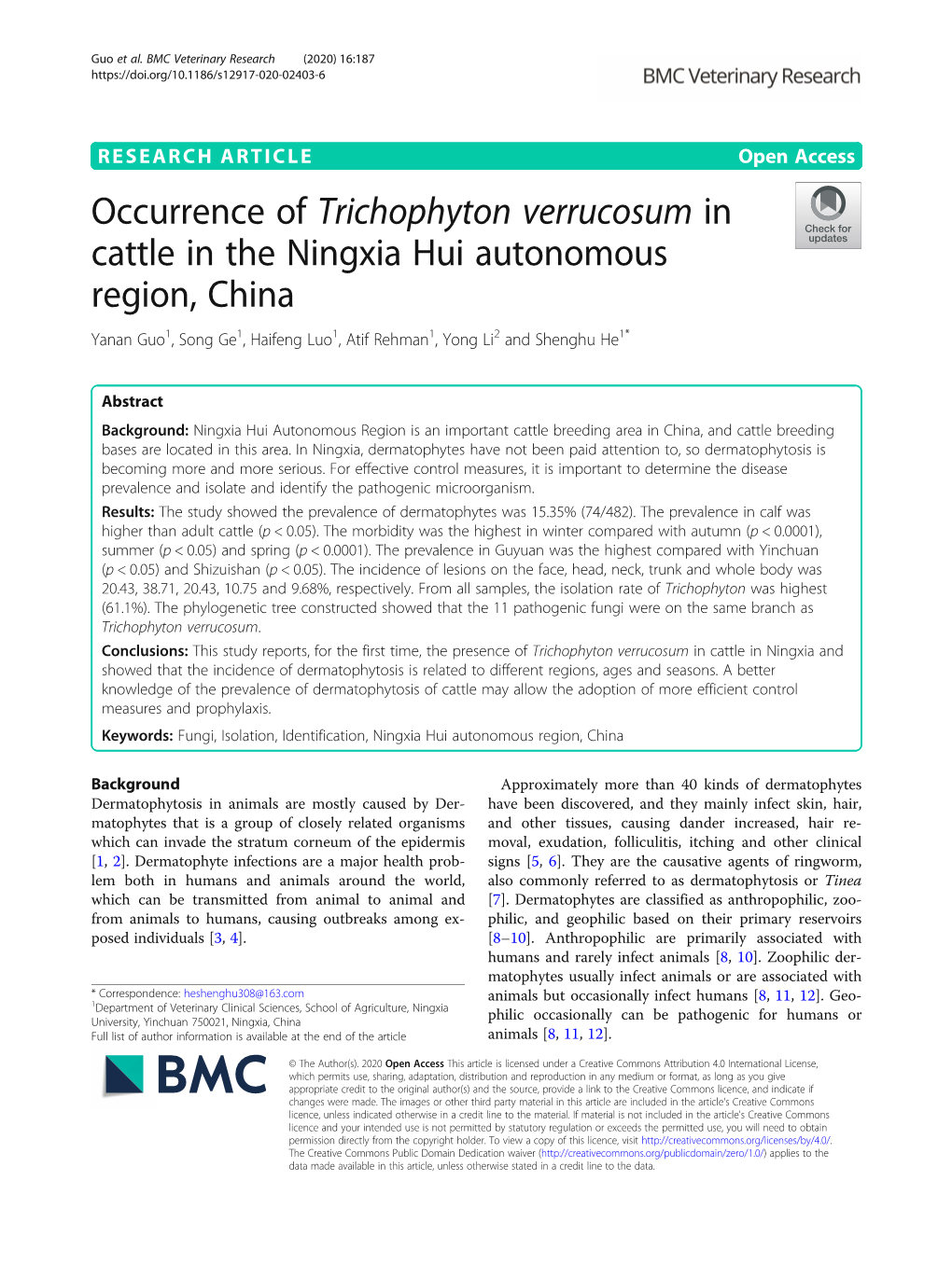 Occurrence of Trichophyton Verrucosum in Cattle in the Ningxia