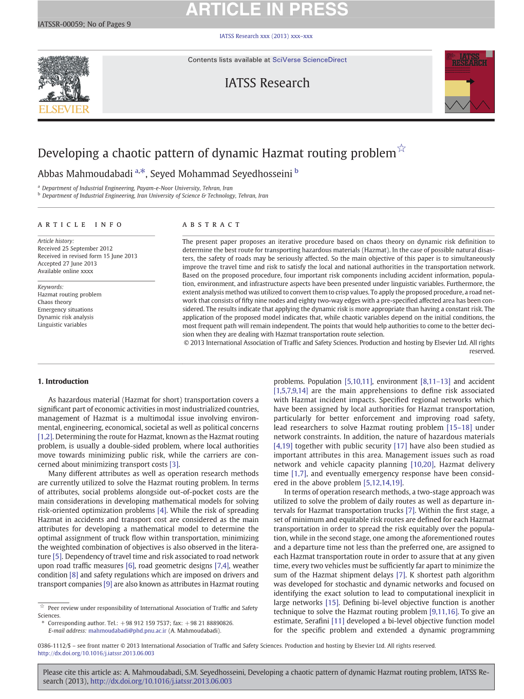 Developing a Chaotic Pattern of Dynamic Hazmat Routing Problem☆