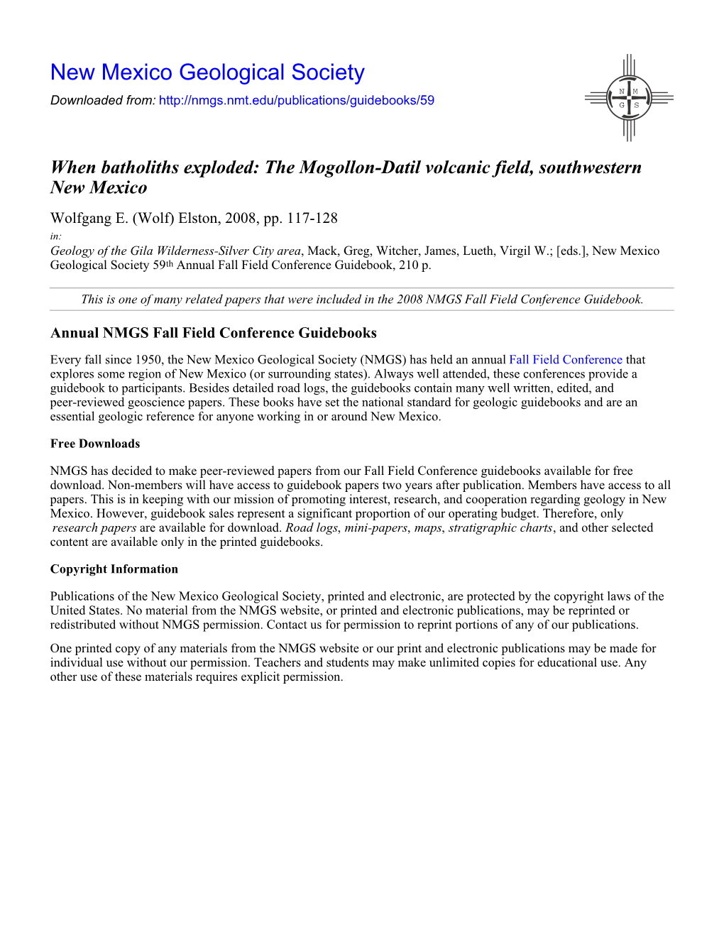 The Mogollon-Datil Volcanic Field, Southwestern New Mexico Wolfgang E