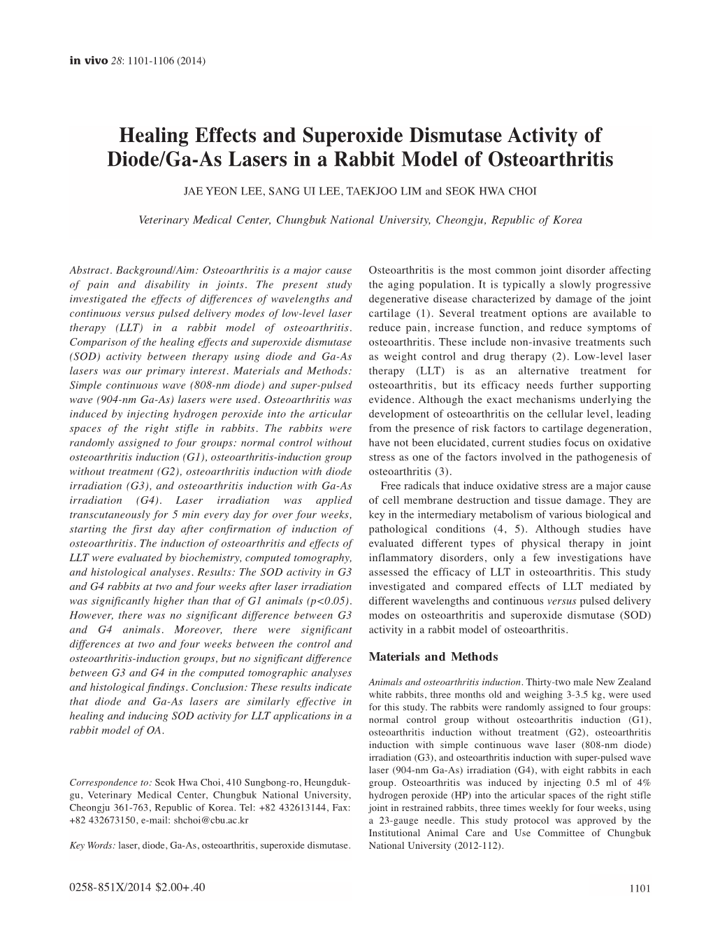 Healing Effects and Superoxide Dismutase Activity of Diode/Ga-As Lasers in a Rabbit Model of Osteoarthritis