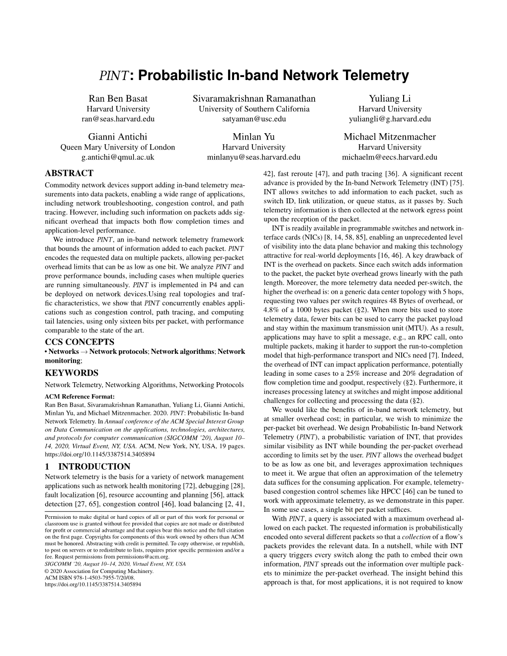 PINT: Probabilistic In-Band Network Telemetry