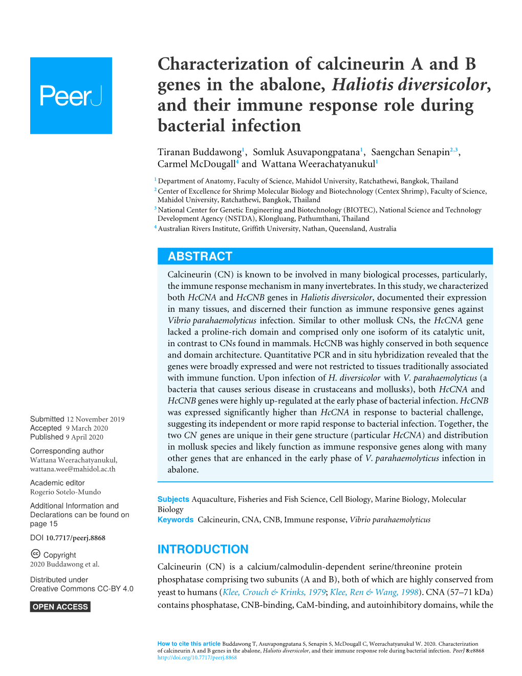 Characterization of Calcineurin a and B Genes in the Abalone, Haliotis Diversicolor, and Their Immune Response Role During Bacterial Infection