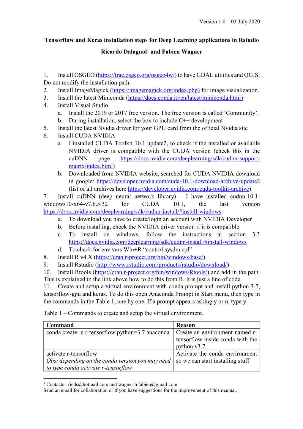 Tensorflow and Keras Installation Steps for Deep Learning Applications in Rstudio Ricardo Dalagnol1 and Fabien Wagner 1. Install