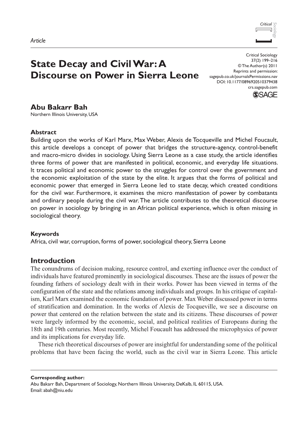 State Decay and Civil War: a Discourse on Power in Sierra Leone