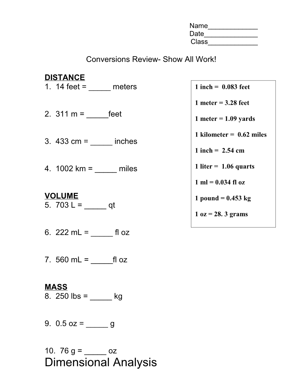 Conversions Review- Show All Work!