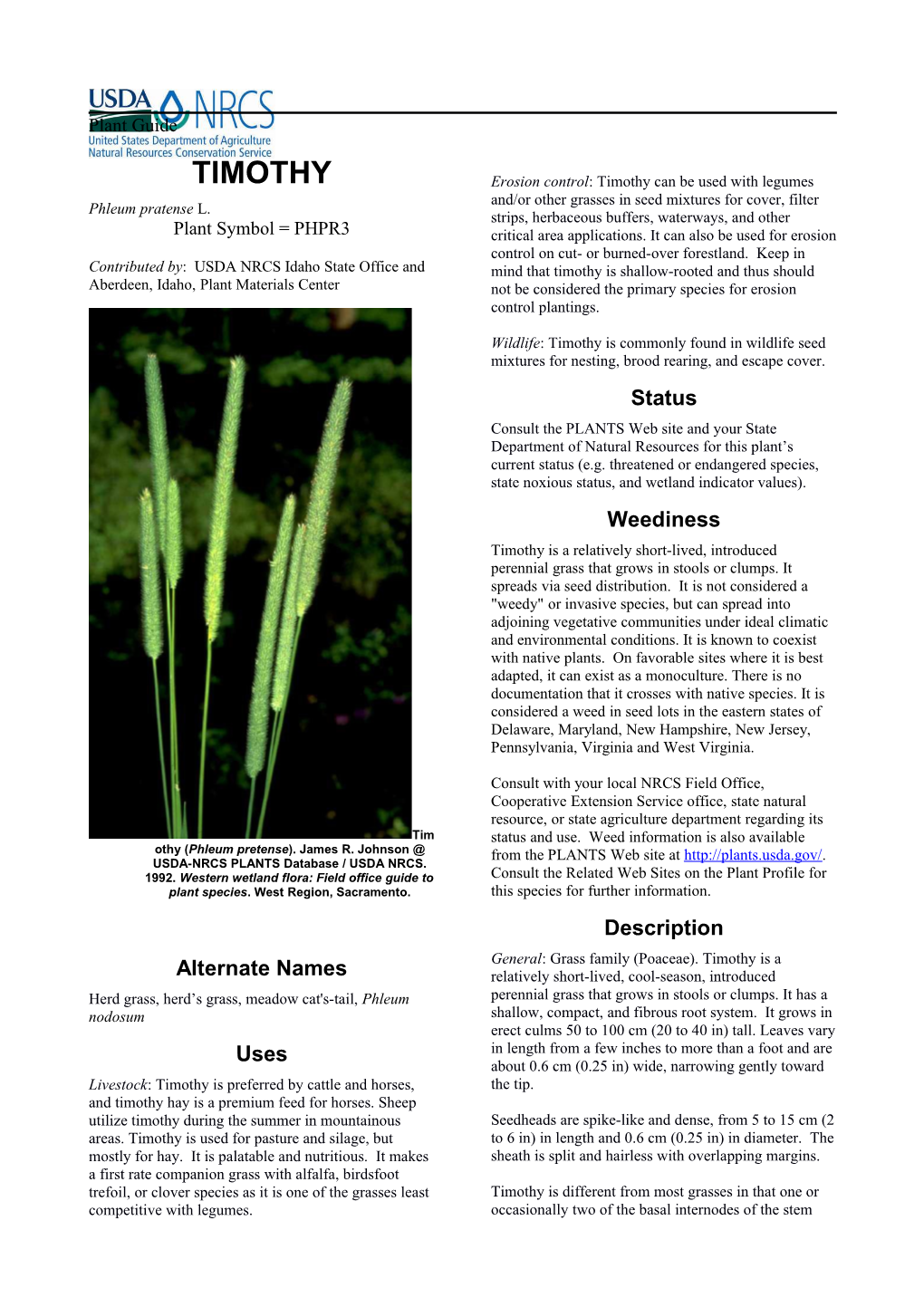 Plant Guide for Timothy (Phleum Pratense)