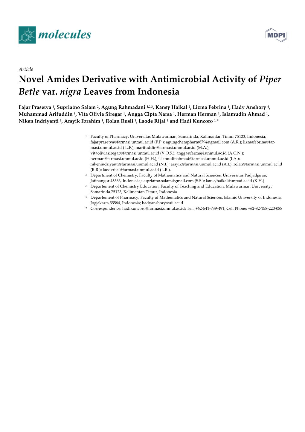 Novel Amides Derivative with Antimicrobial Activity of Piper Betle Var. Nigra Leaves from Indonesia