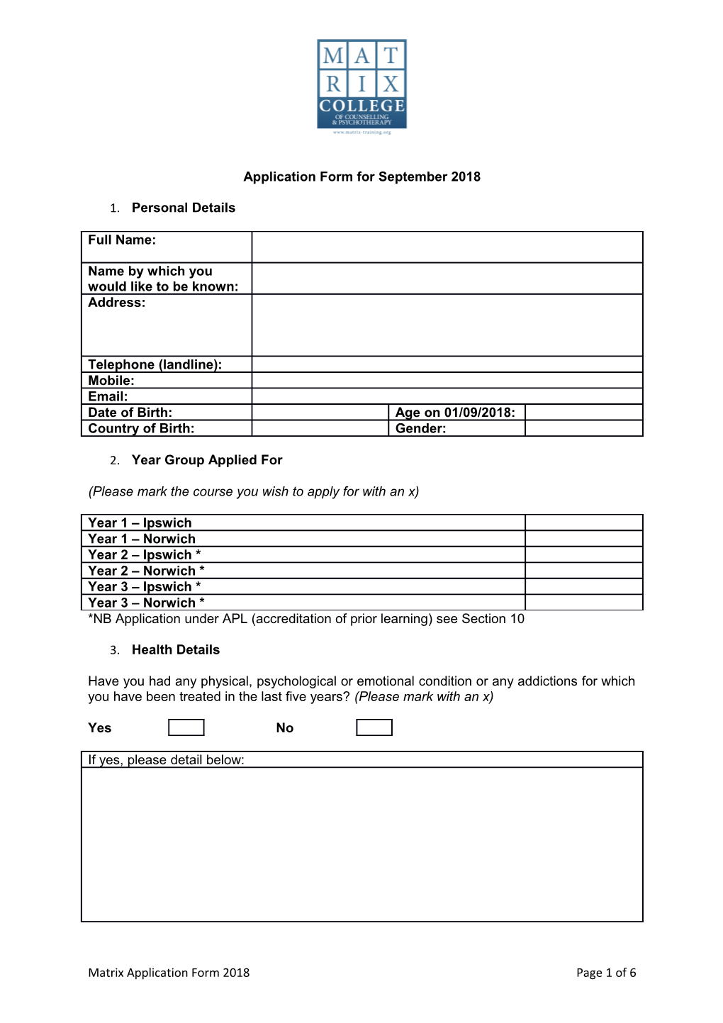 Application Form for September 2018