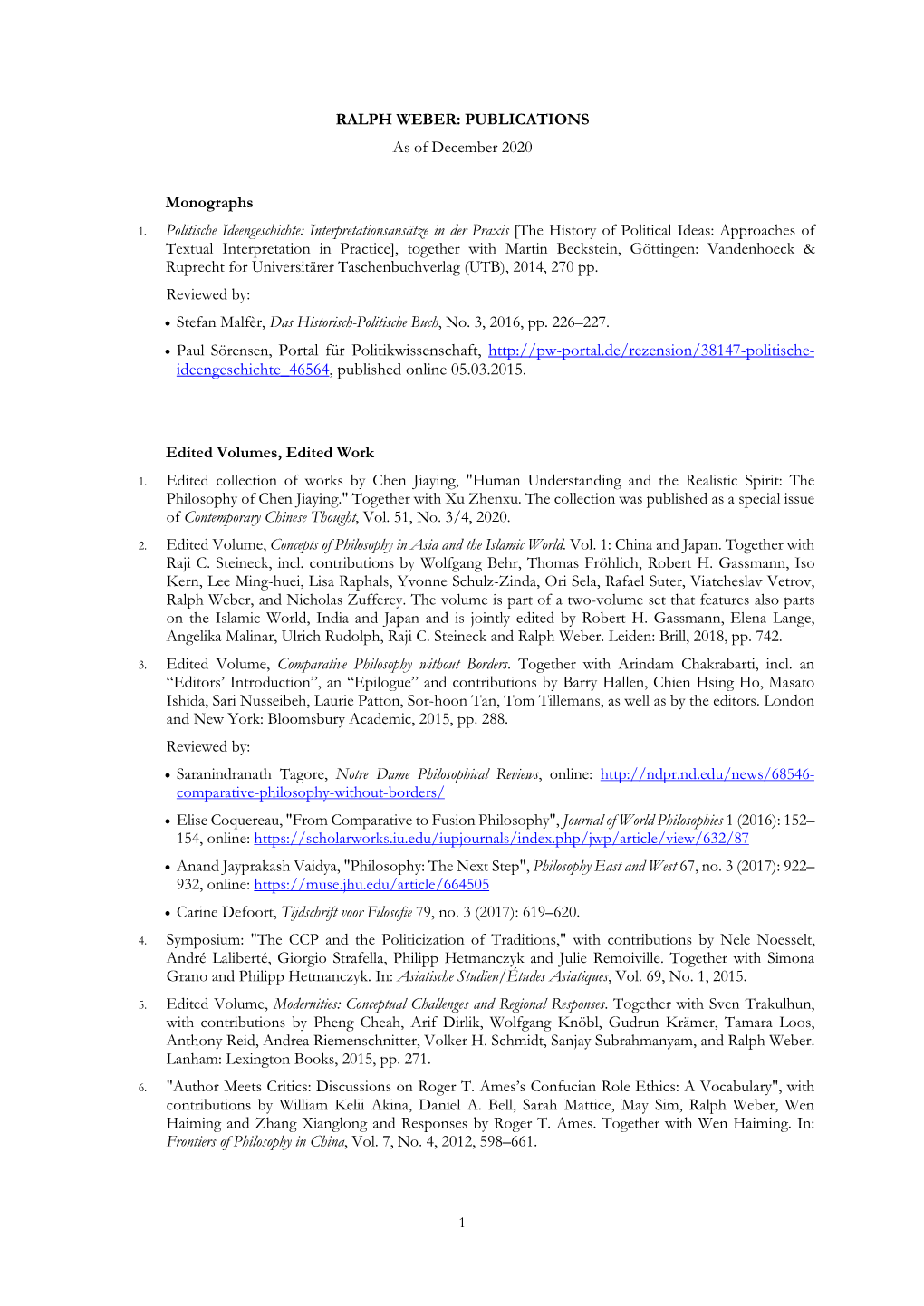 RALPH WEBER: PUBLICATIONS As of December 2020