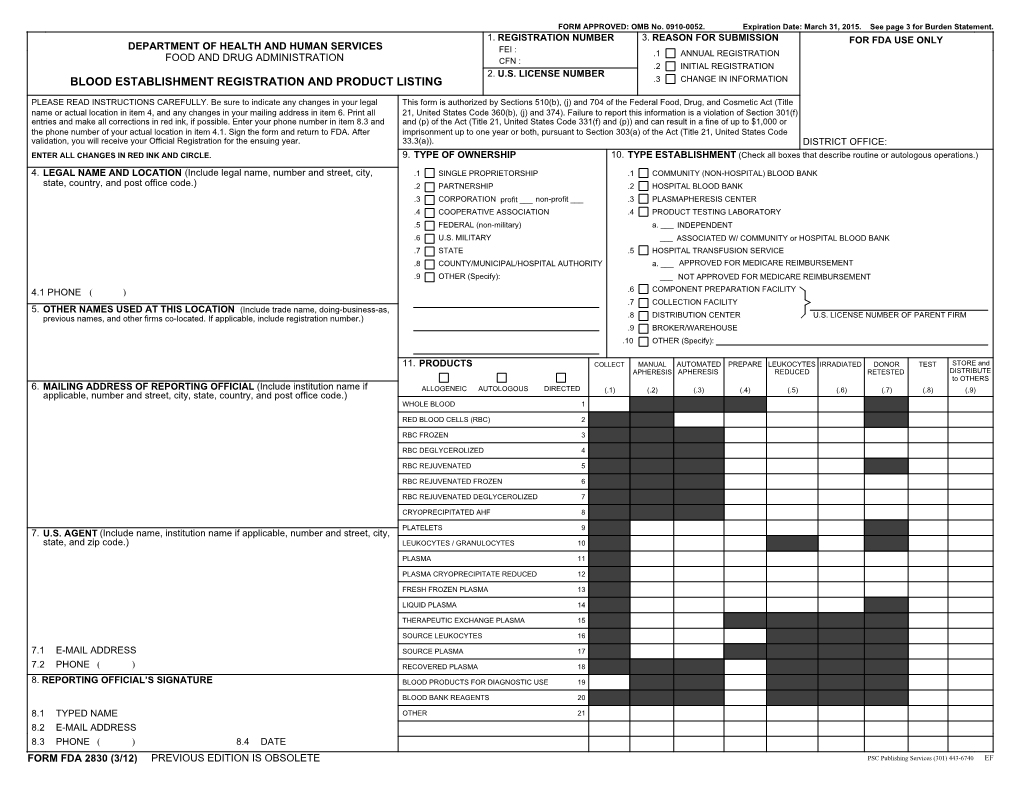 Blood Establishment Registration and Product Listing .3 Change in Information