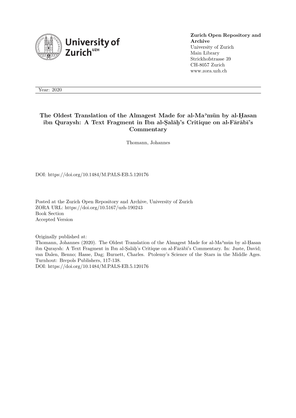 The Oldest Translation of the Almagest Made for Al-Maʾmūn by Al-Ḥasan Ibn Quraysh: a Text Fragment in Ibn Al-Ṣalāḥ’S Critique on Al-Fārābī’S Commentary