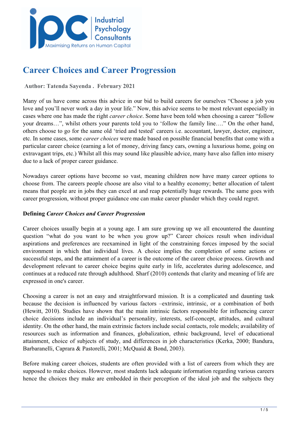 Career Choices and Career Progression