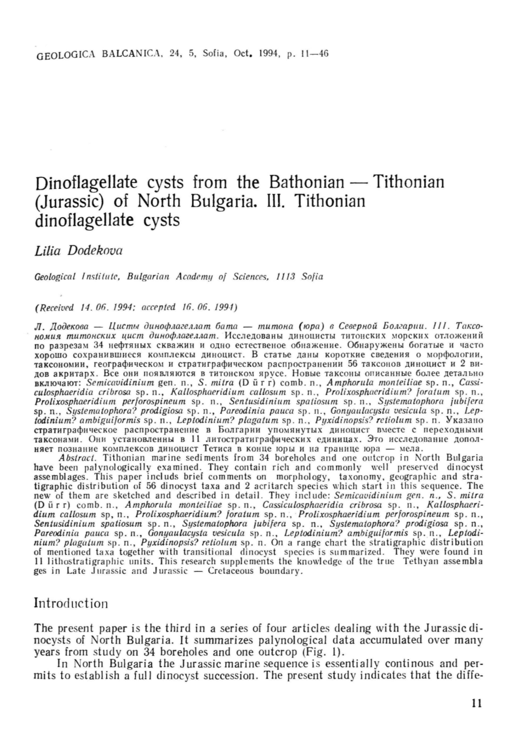 (Jurassic) of North Bulgaria. III. Tithonian Dinoflagellate Cysts Lilia Dodekova