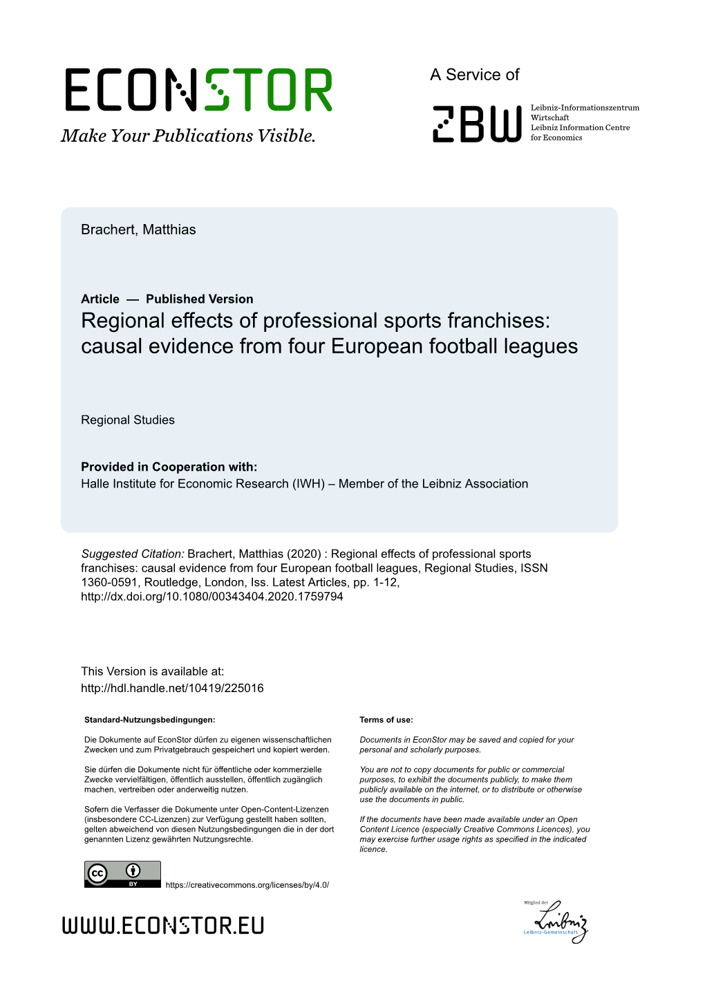 Regional Effects of Professional Sports Franchises: Causal Evidence from Four European Football Leagues