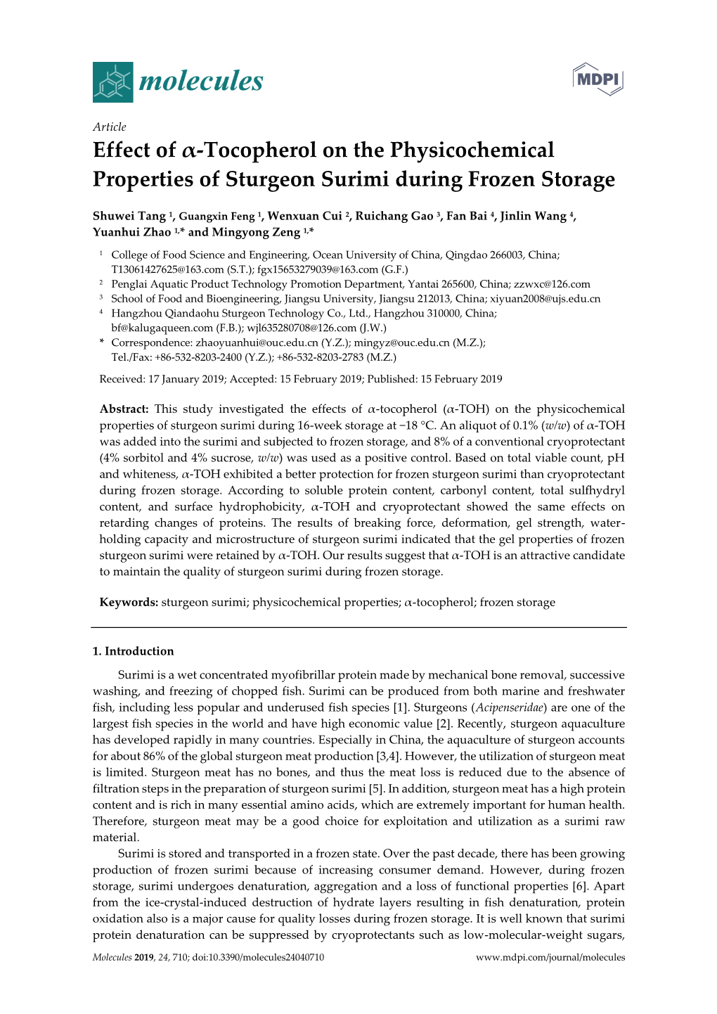 Effect of Α-Tocopherol on the Physicochemical Properties of Sturgeon Surimi During Frozen Storage