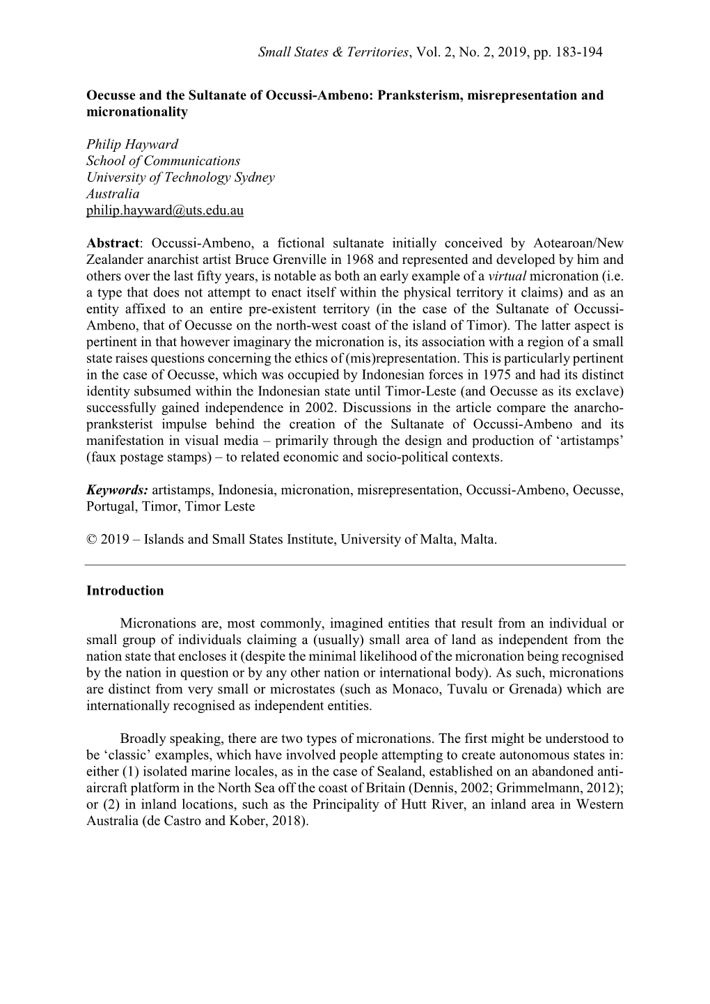 Small States & Territories, Vol. 2, No. 2, 2019, Pp. 183-194 Oecusse And