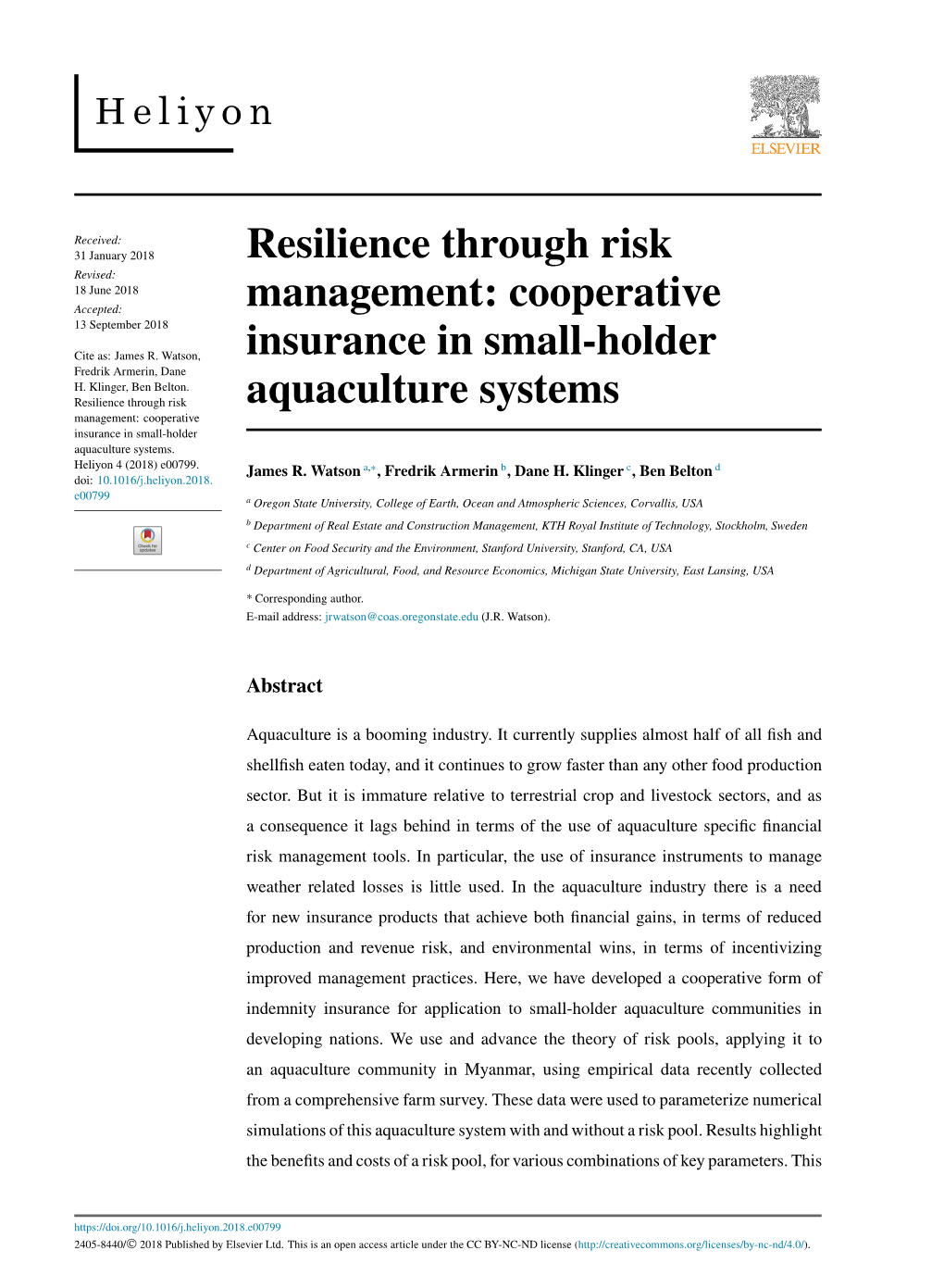 Cooperative Insurance in Small-Holder Aquaculture Systems