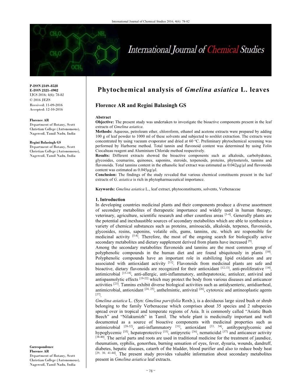 Phytochemical Analysis of Gmelina Asiatica L. Leaves