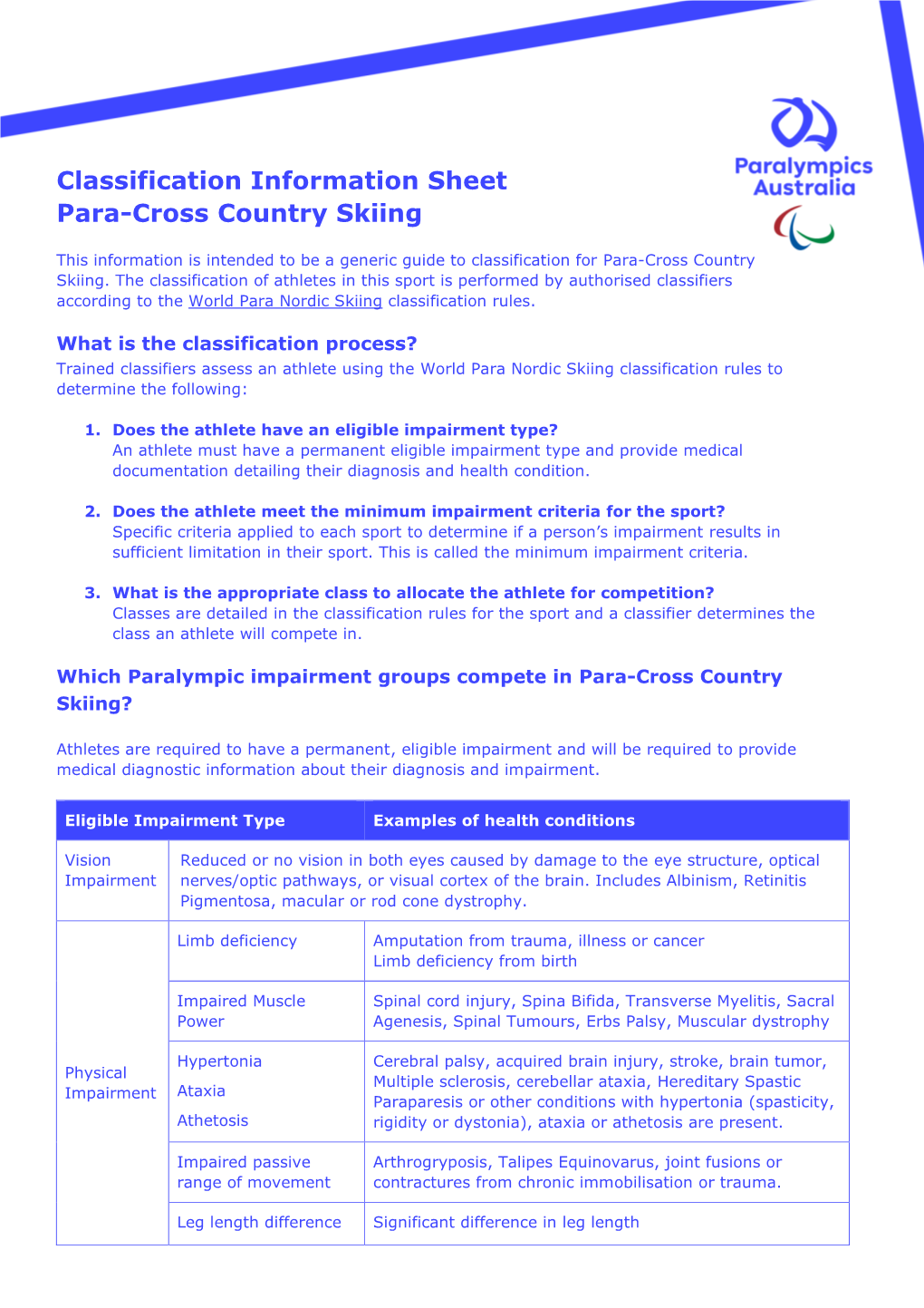 Classification Information Sheet Para-Cross Country Skiing