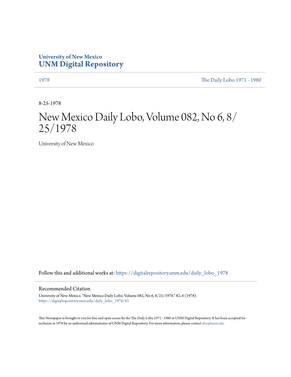 New Mexico Daily Lobo, Volume 082, No 6, 8/25/1978." 82, 6 (1978)