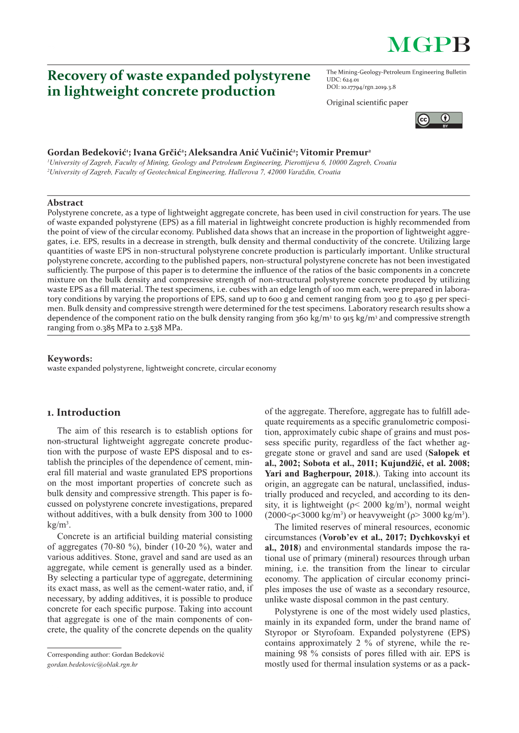 Recovery of Waste Expanded Polystyrene in Lightweight Concrete Production