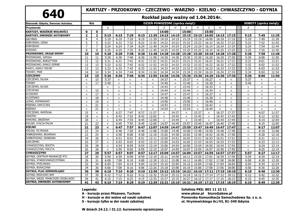 KARTUZY - PRZODKOWO - CZECZEWO - WARZNO - KIELNO - CHWASZCZYNO - GDYNIA 640 Rozkład Jazdy Ważny Od 1.04.2014R