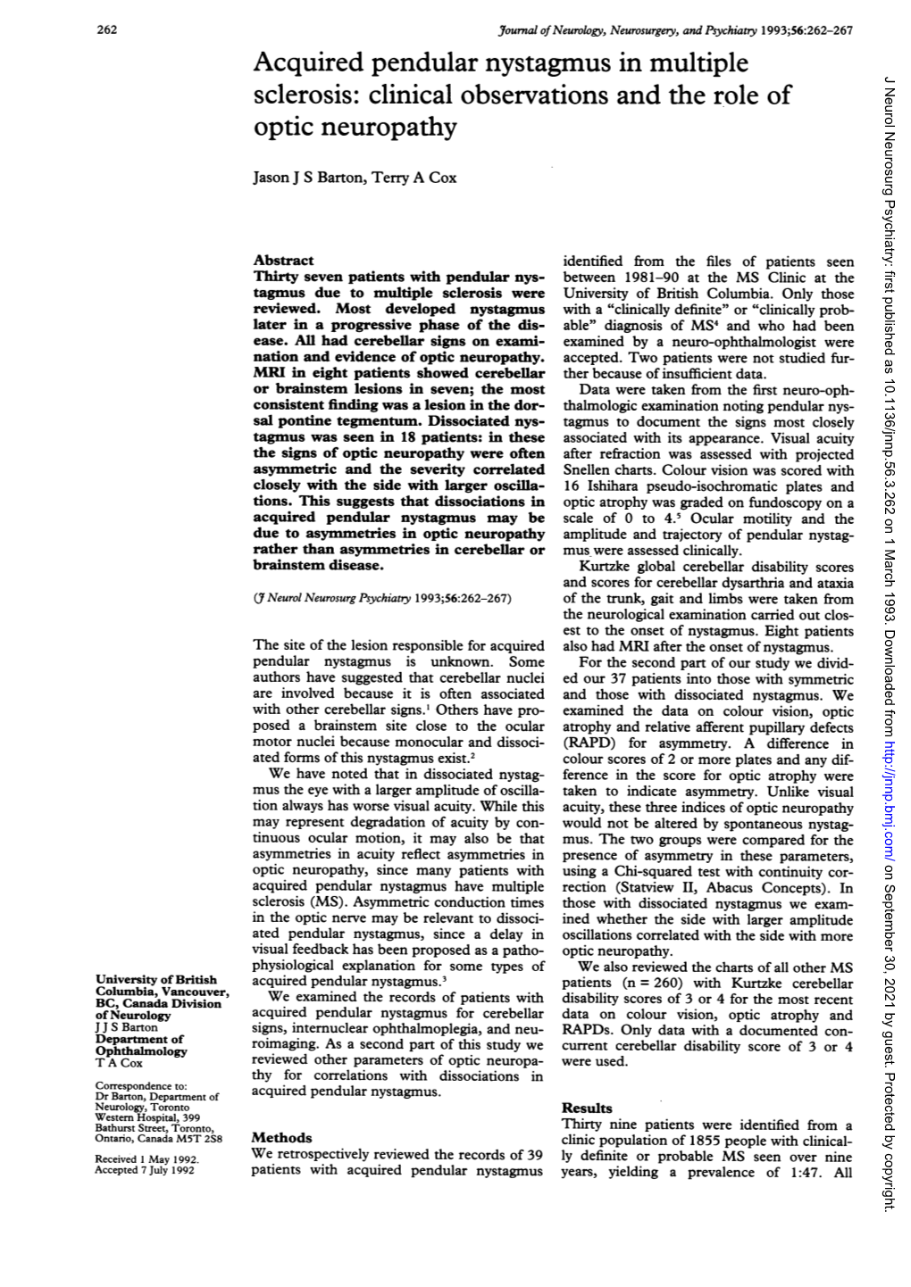 Acquired Pendular Nystagmus in Multiple Sclerosis: Clinical Observations and the Role of Optic Neuropathy 263