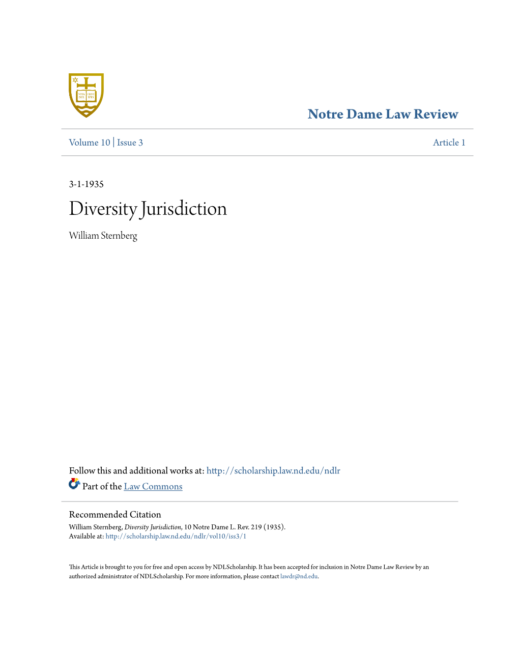 Diversity Jurisdiction William Sternberg