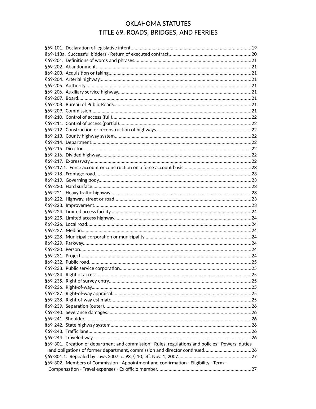 Oklahoma Statutes Title 69. Roads, Bridges, and Ferries