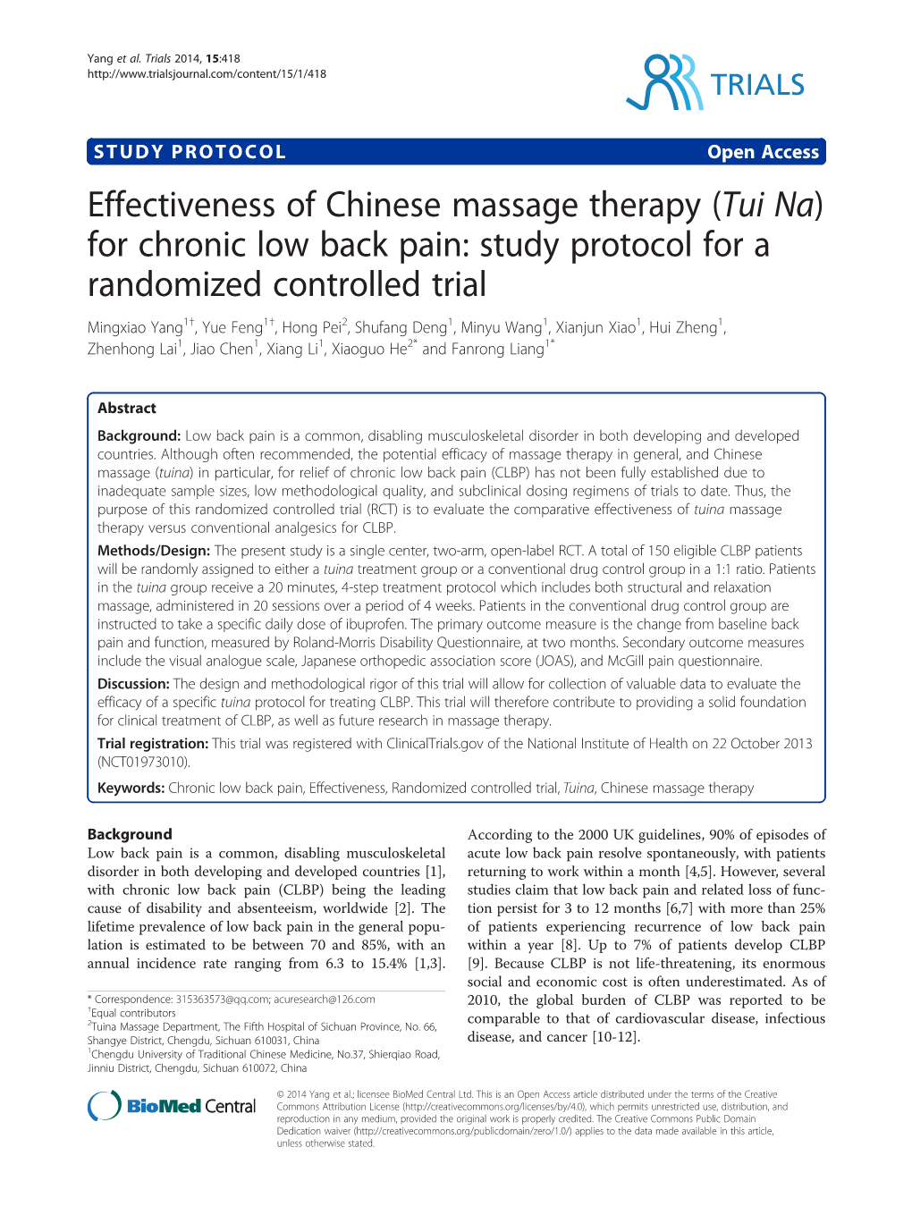 (Tui Na) for Chronic Low Back Pain: Study Protocol for a Randomized