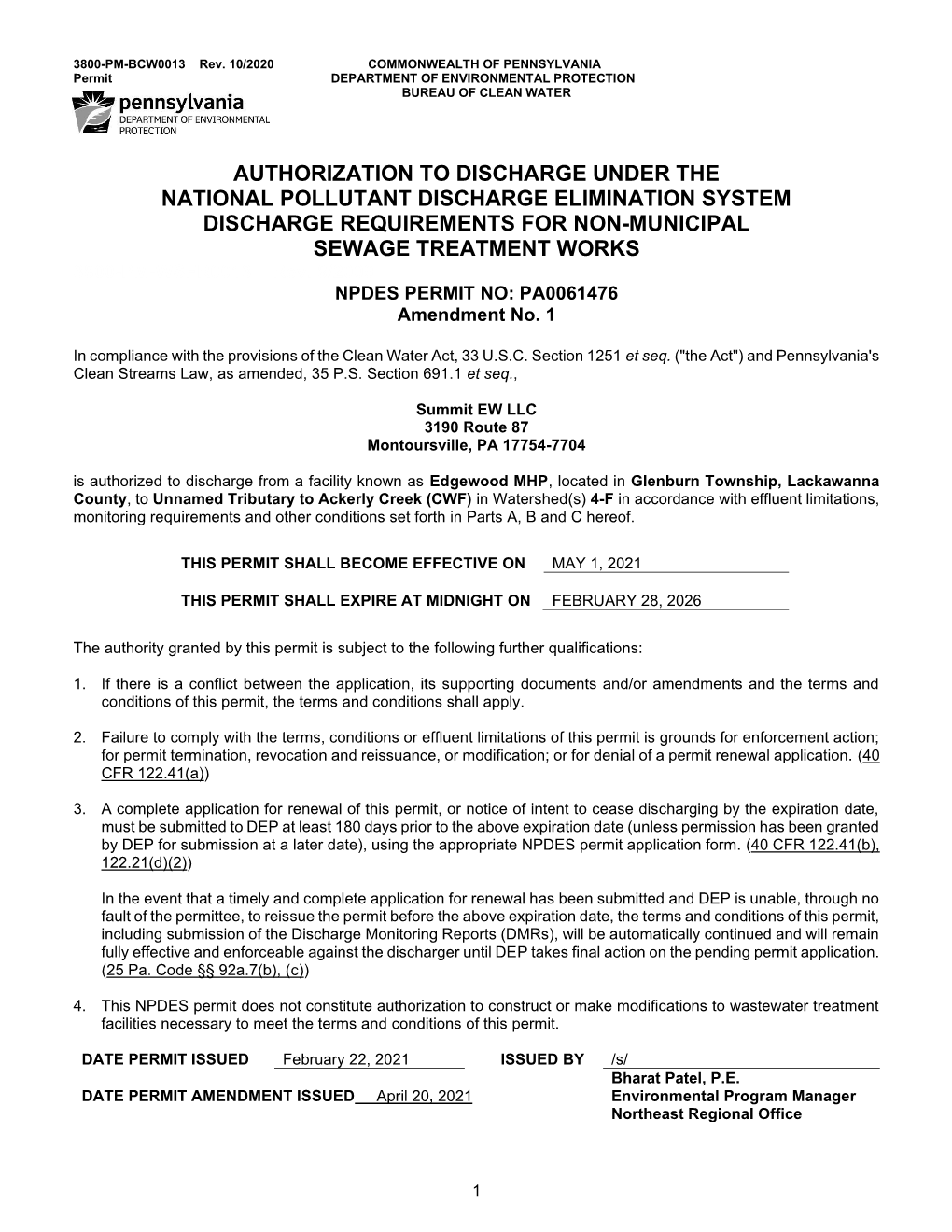 Authorization to Discharge Under the National