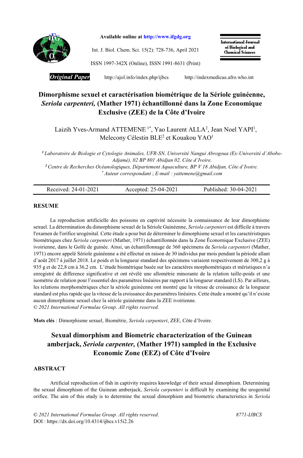 Dimorphisme Sexuel Et Caractérisation Biométrique De La Sériole