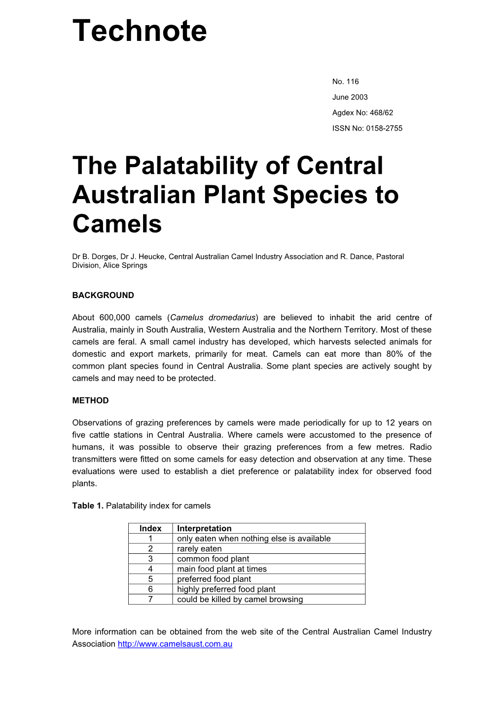 Palatability of Plants to Camels (DBIRD NT)