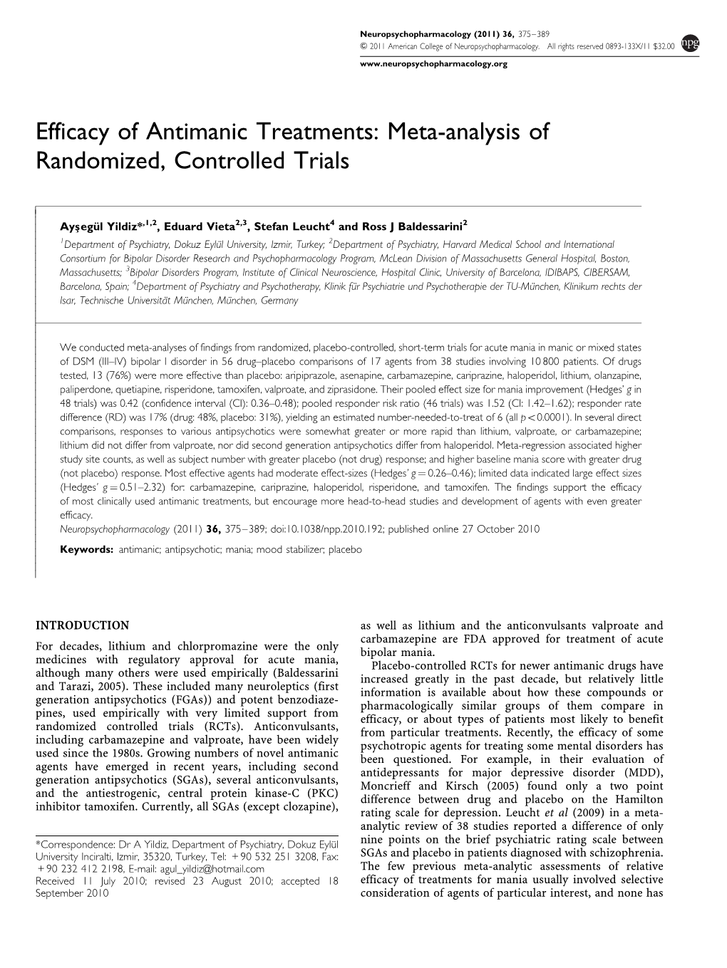 Efficacy of Antimanic Treatments: Meta-Analysis of Randomized, Controlled Trials