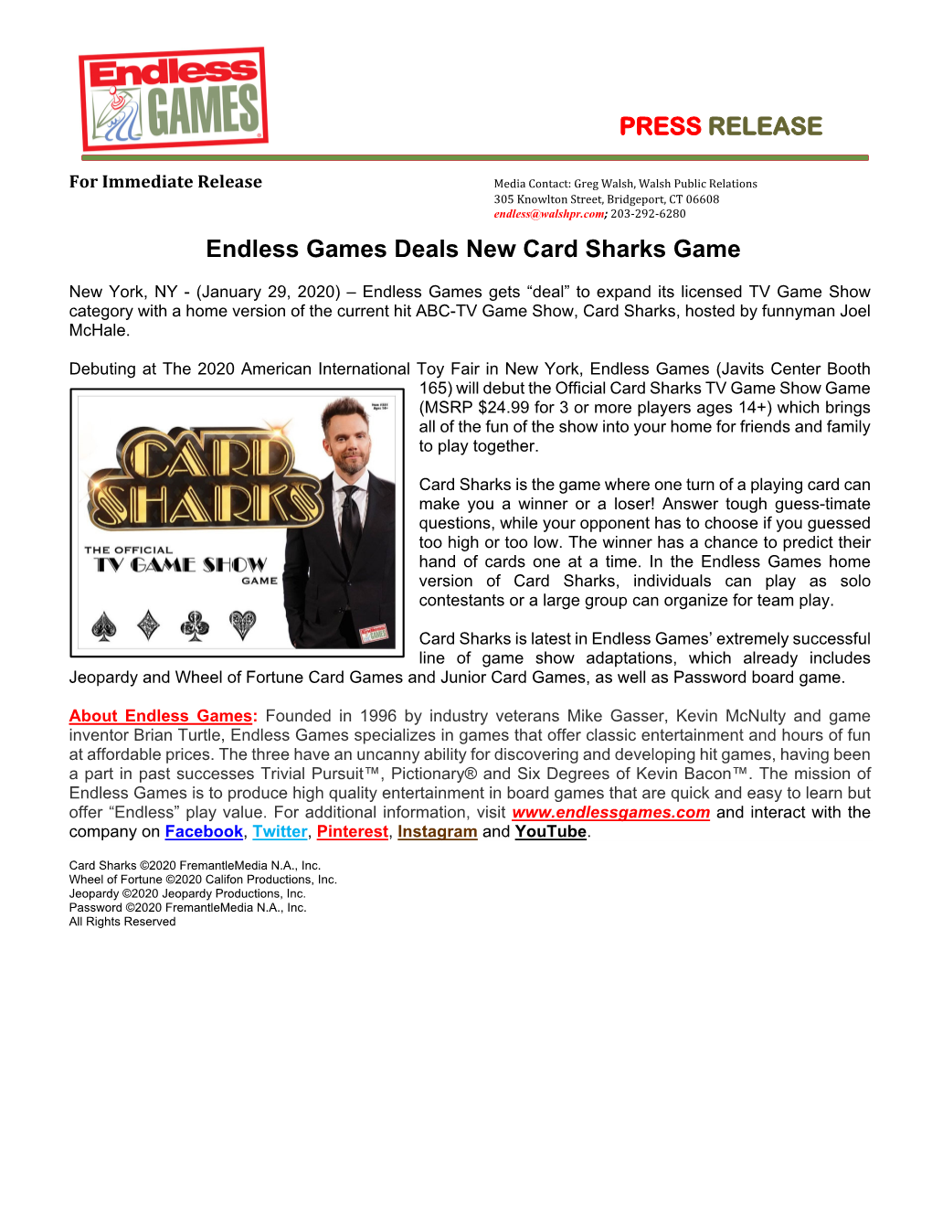 PRESS RELEASE Endless Games Deals New Card Sharks Game