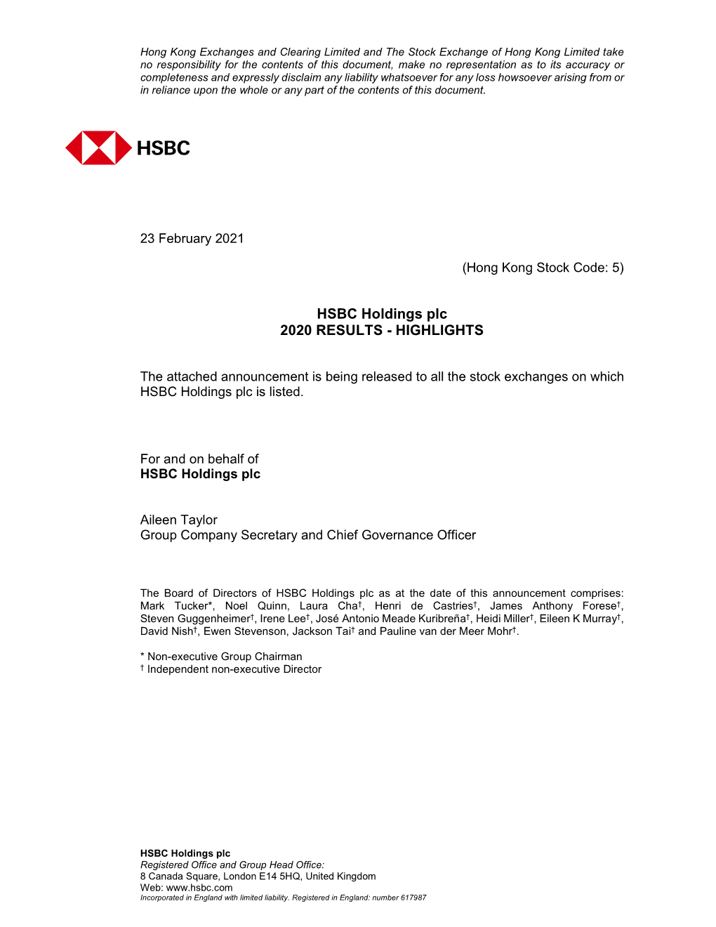 HSBC Holdings Plc 2020 RESULTS - HIGHLIGHTS