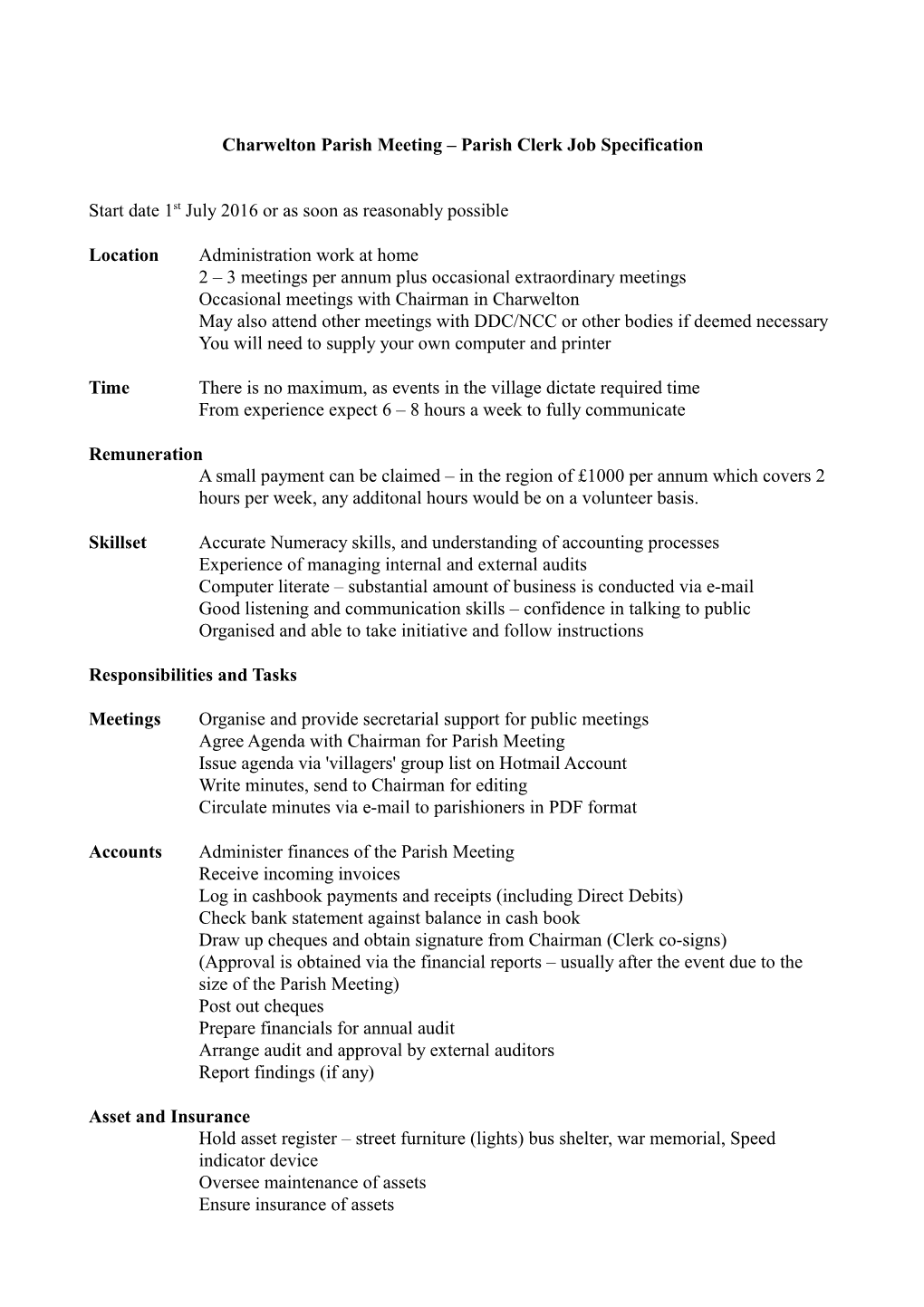 Charwelton Parish Meeting – Parish Clerk Job Specification Start Date 1St July 2016 Or As Soon As Reasonably Possible Location