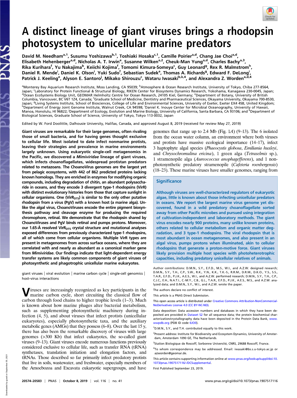 A Distinct Lineage of Giant Viruses Brings a Rhodopsin Photosystem to Unicellular Marine Predators