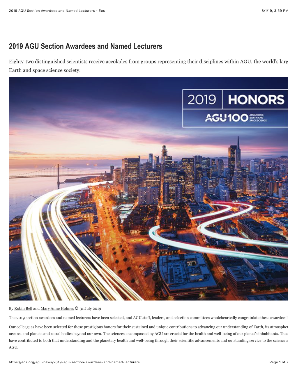 2019 AGU Section Awardees and Named Lecturers - Eos 8/1/19, 3�59 PM