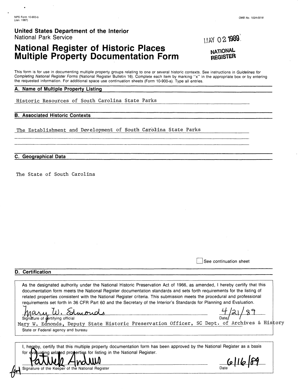 National Register of Historic Places NATIONAL Multiple Property Documentation Form REGISTER