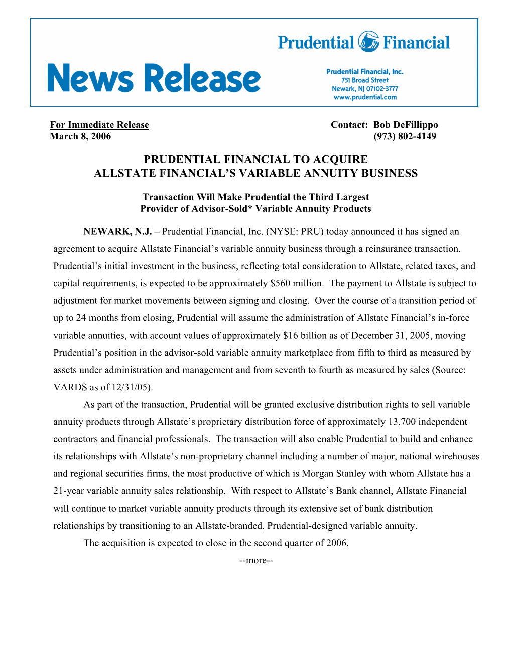 Prudential Financial to Acquire Allstate Financial's