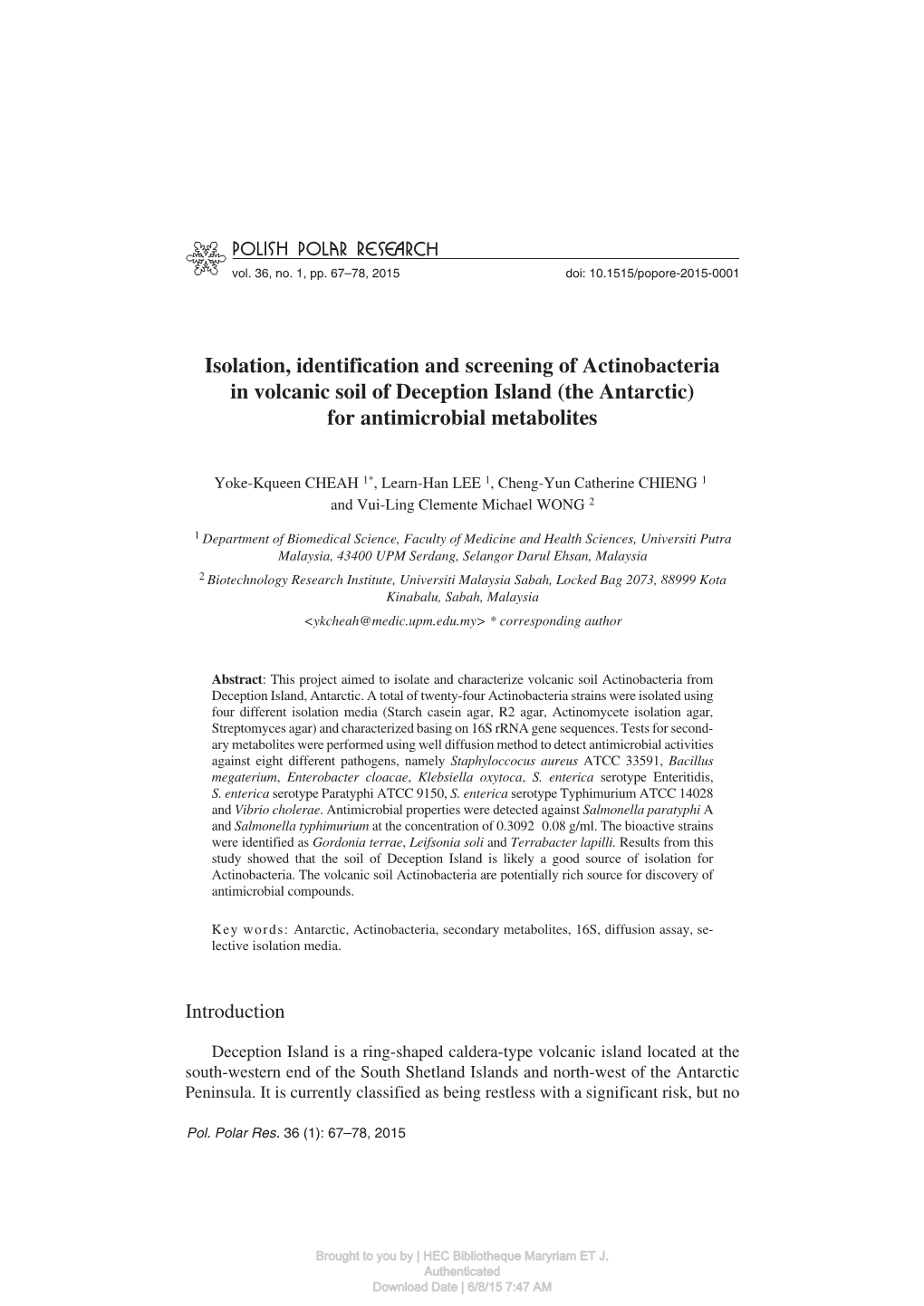 Isolation, Identification and Screening of Actinobacteria in Volcanic Soil of Deception Island (The Antarctic) for Antimicrobial Metabolites