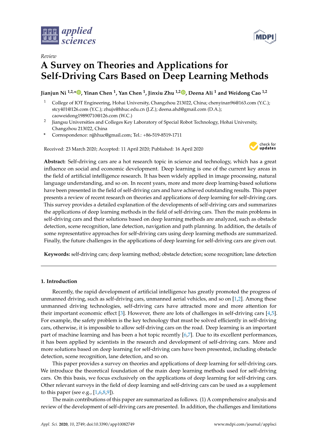 A Survey on Theories and Applications for Self-Driving Cars Based on Deep Learning Methods