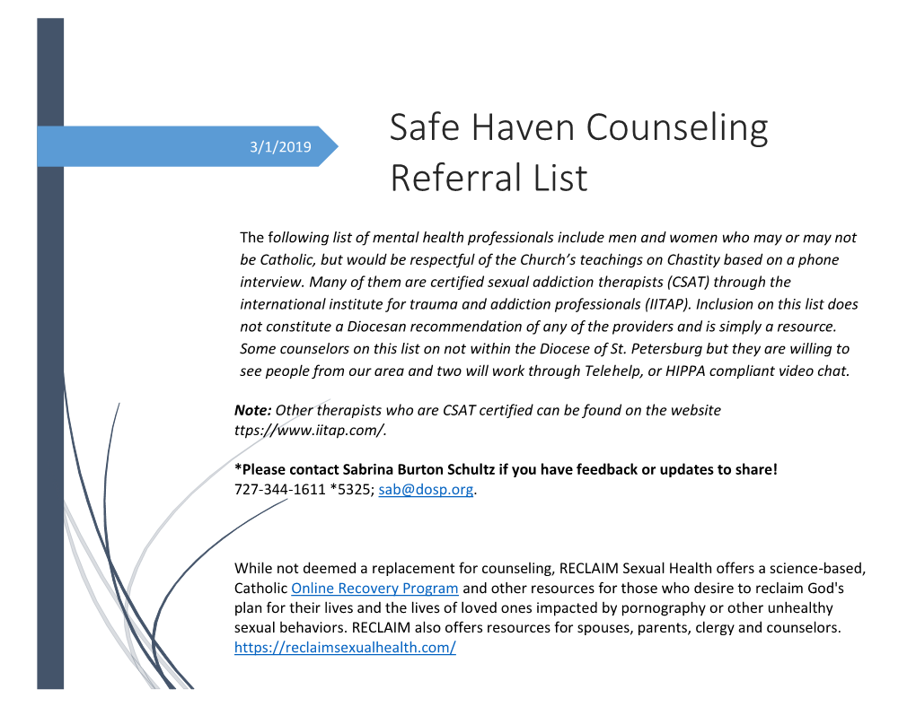 Safe Haven Counseling Referral List