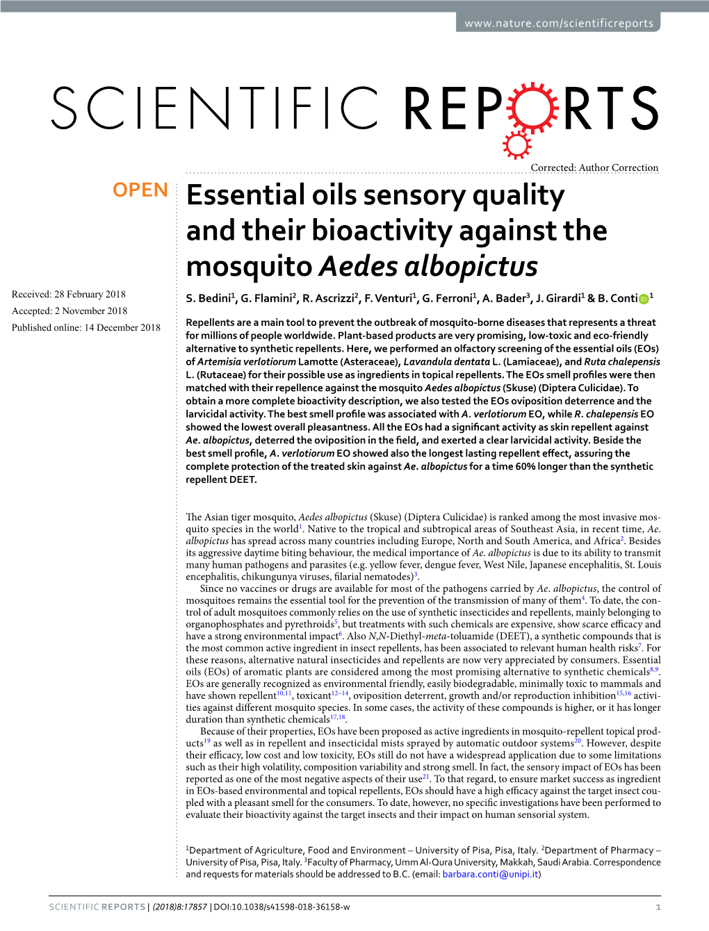 Essential Oils Sensory Quality and Their Bioactivity Against the Mosquito Aedes Albopictus Received: 28 February 2018 S